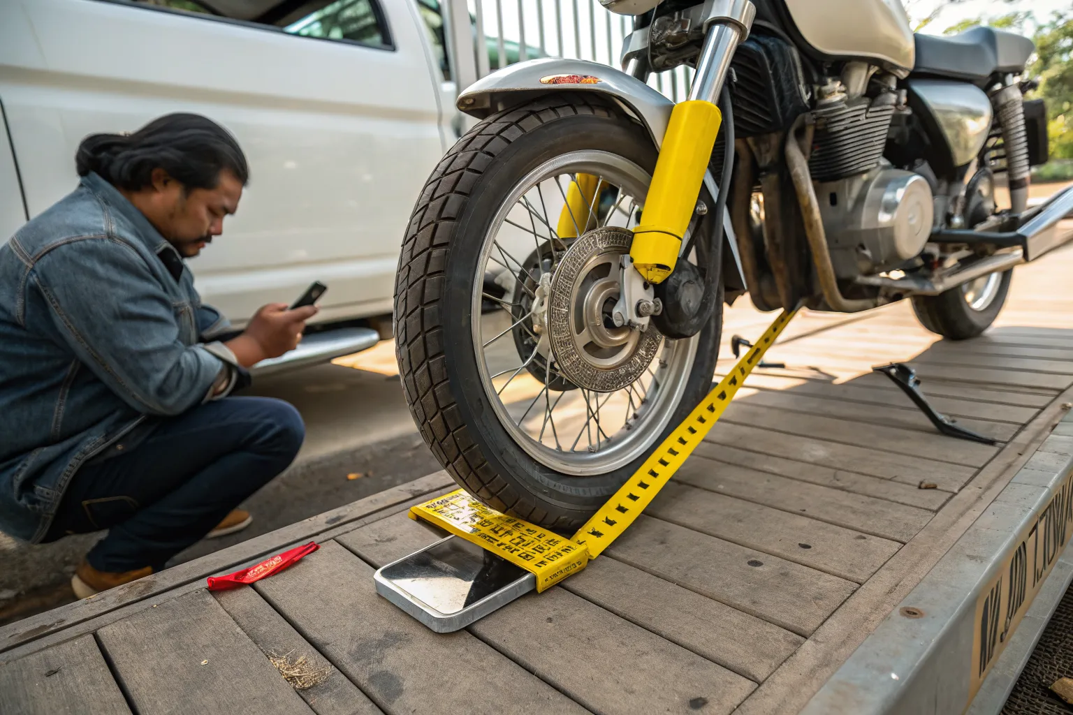 Front wheel locked in a wheel chock with a ratchet strap on a truck floor